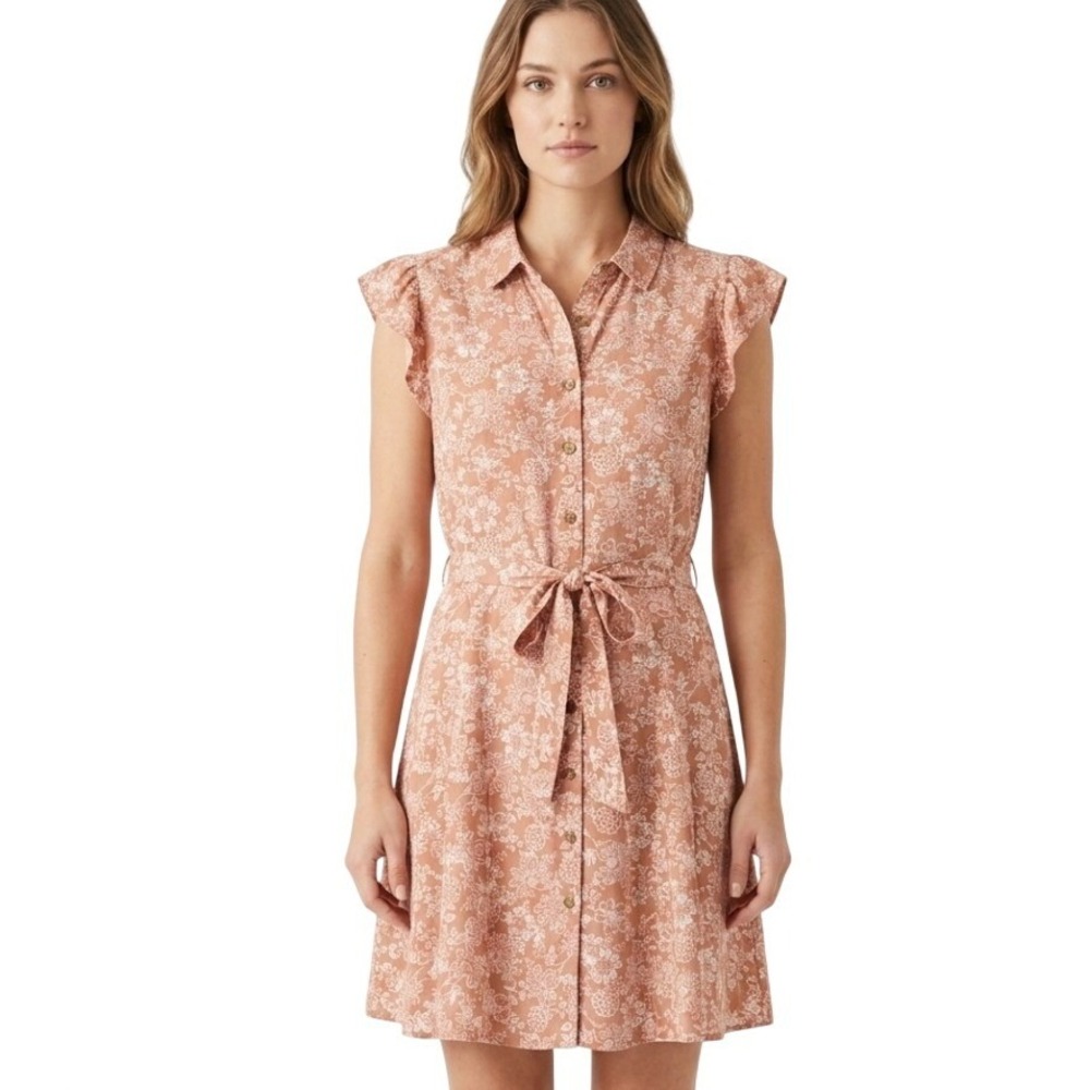 Lucky Brand Shirt Dress Womens Medium Ginger Floral Ruffle Sleeve Tie Waist Boho